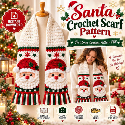 Santa Crochet Scarf Pattern PDF | Christmas Holiday Scarf Pattern