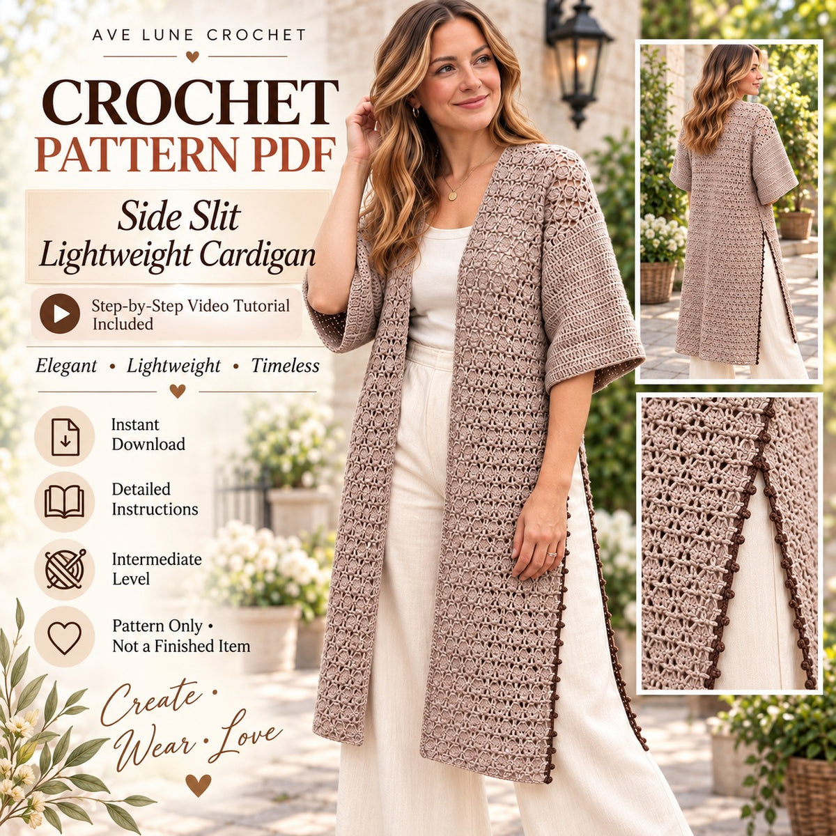 Side Slit Lightweight Cardigan Crochet Pattern PDF | Long Lace Cardigan with Step-by-Step Video Tutorial