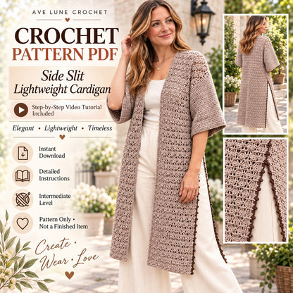 Side Slit Lightweight Cardigan Crochet Pattern PDF | Long Lace Cardigan with Step-by-Step Video Tutorial