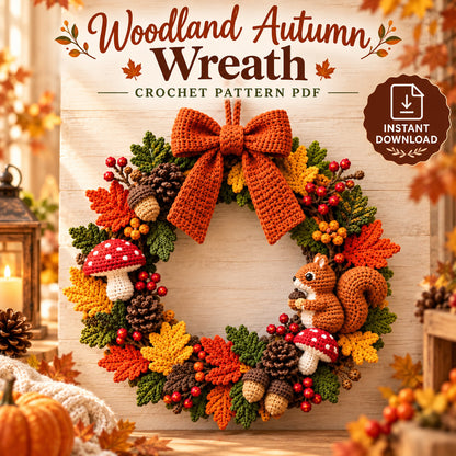Woodland Autumn Wreath Crochet Pattern PDF – Fall Wreath with Squirrel, Mushrooms & Acorns