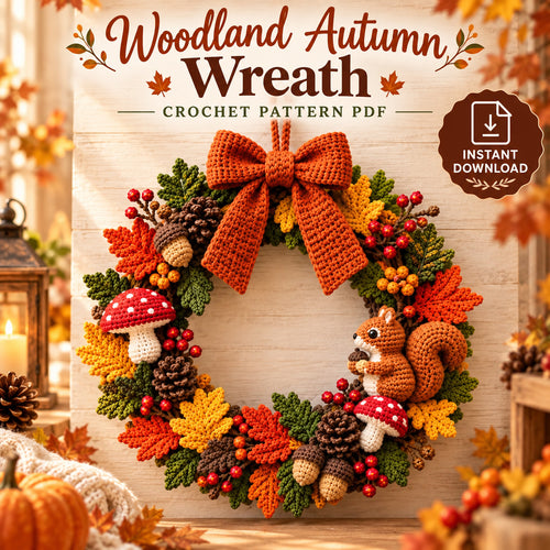 Woodland Autumn Wreath Crochet Pattern PDF – Fall Wreath with Squirrel, Mushrooms & Acorns