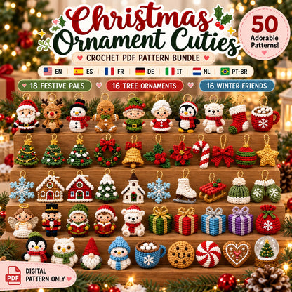50 Christmas Crochet Ornament Patterns PDF Bundle – Mini Amigurumi Decorations