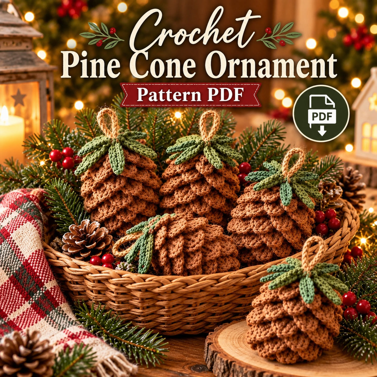 Crochet Pine Cone Ornament Pattern PDF – Rustic Christmas Decor