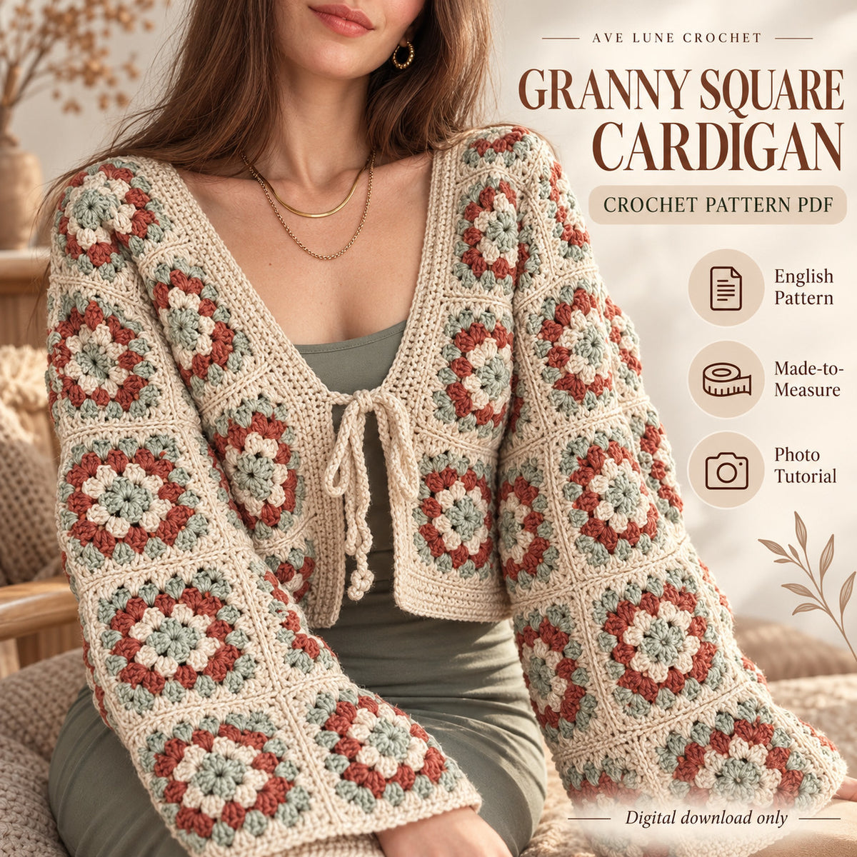 Granny Square Cardigan Crochet Pattern PDF – Tie Front, Made to Measure