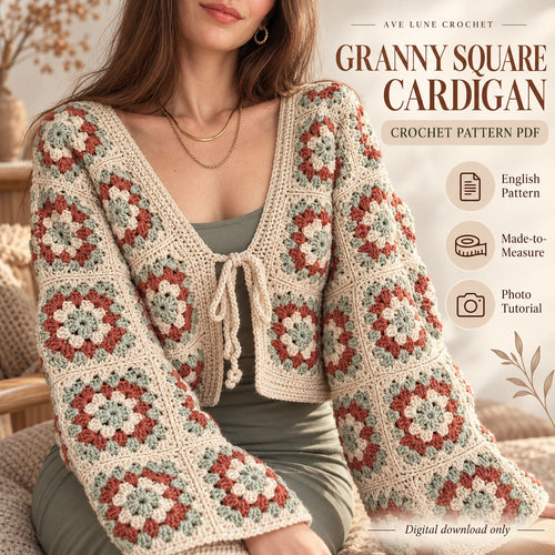 Granny Square Cardigan Crochet Pattern PDF – Tie Front, Made to Measure