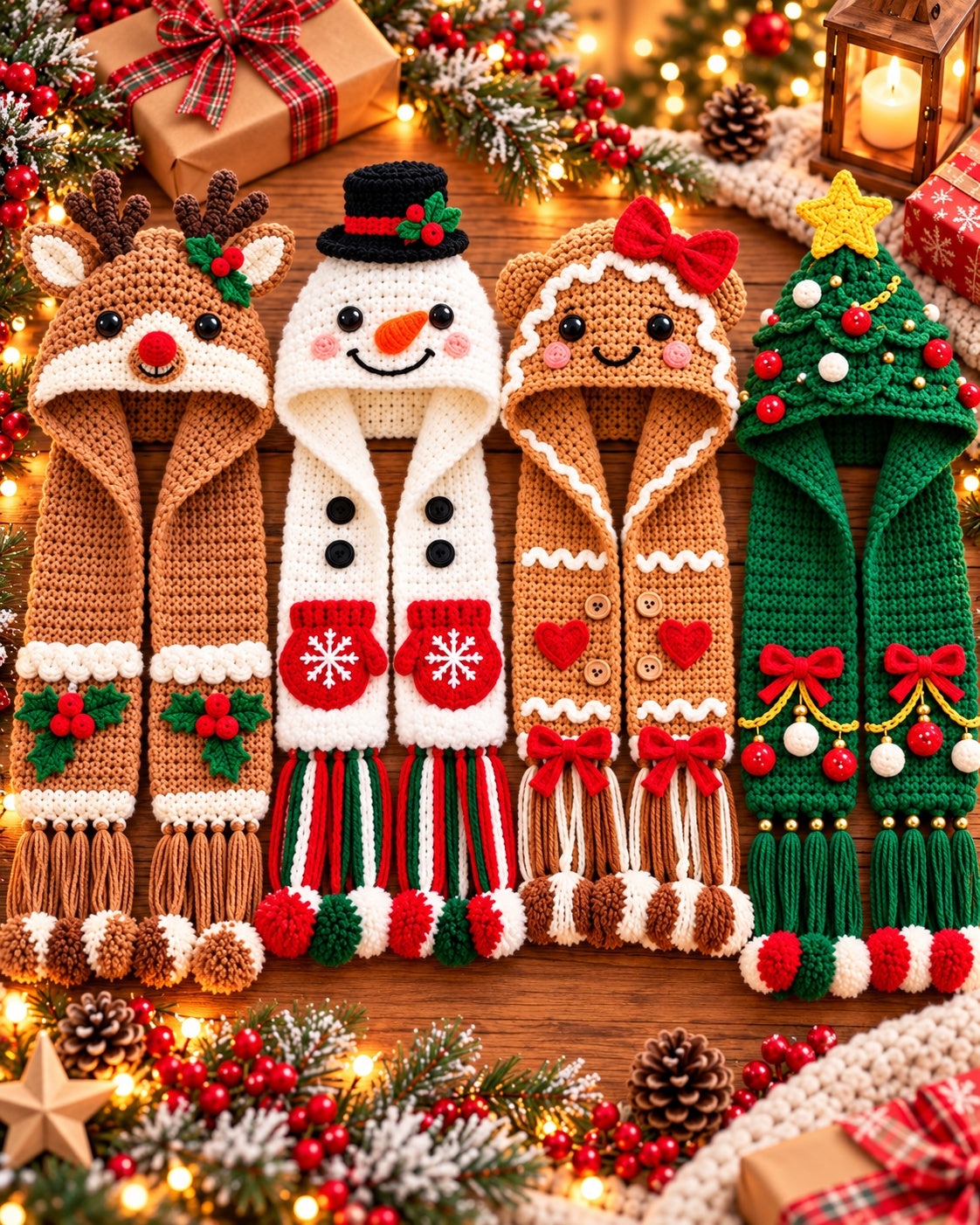 Christmas Hooded Scarf Crochet Pattern PDF – 4 Designs | Ave Lune Crochet