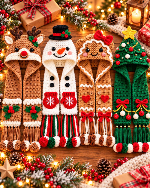 Christmas Hooded Scarf Crochet Pattern PDF – 4 Designs | Ave Lune Crochet