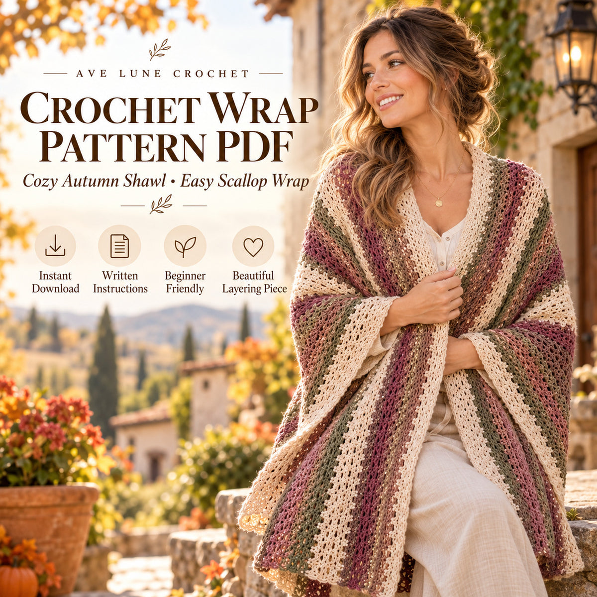 Crochet Wrap Pattern PDF – Autumn Striped Shawl, Boho Rectangle Wrap