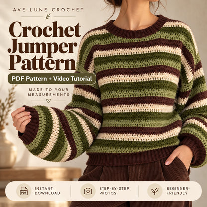 Striped Crochet Jumper Pattern PDF + Video Tutorial – Beginner Friendly Sweater