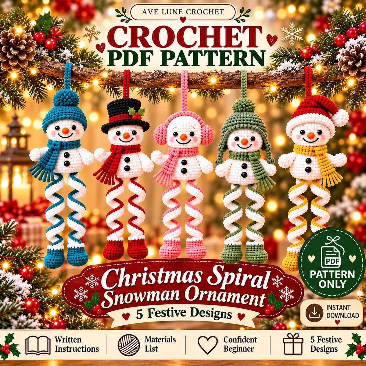 Christmas Spiral Snowman Crochet Pattern PDF – 5 Festive Ornament Designs