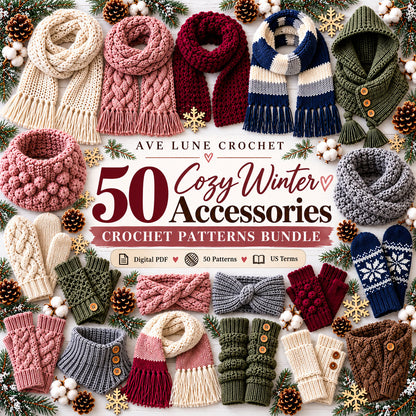 50 Winter Accessories Crochet Patterns Bundle PDF – Scarves & Mittens