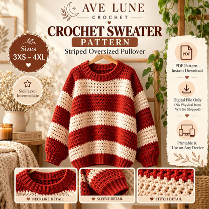 Oversized Striped Crochet Sweater Pattern PDF – Sizes 3XS–4XL Pullover