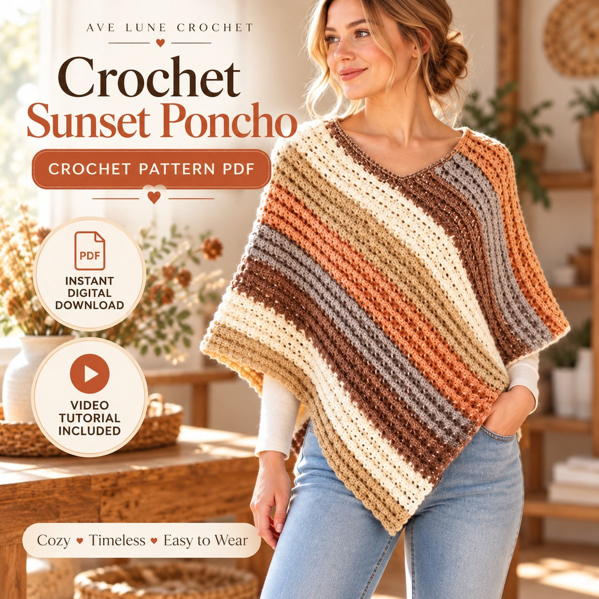 Crochet Sunset Poncho Pattern PDF + Video Tutorial – Boho Striped Wrap