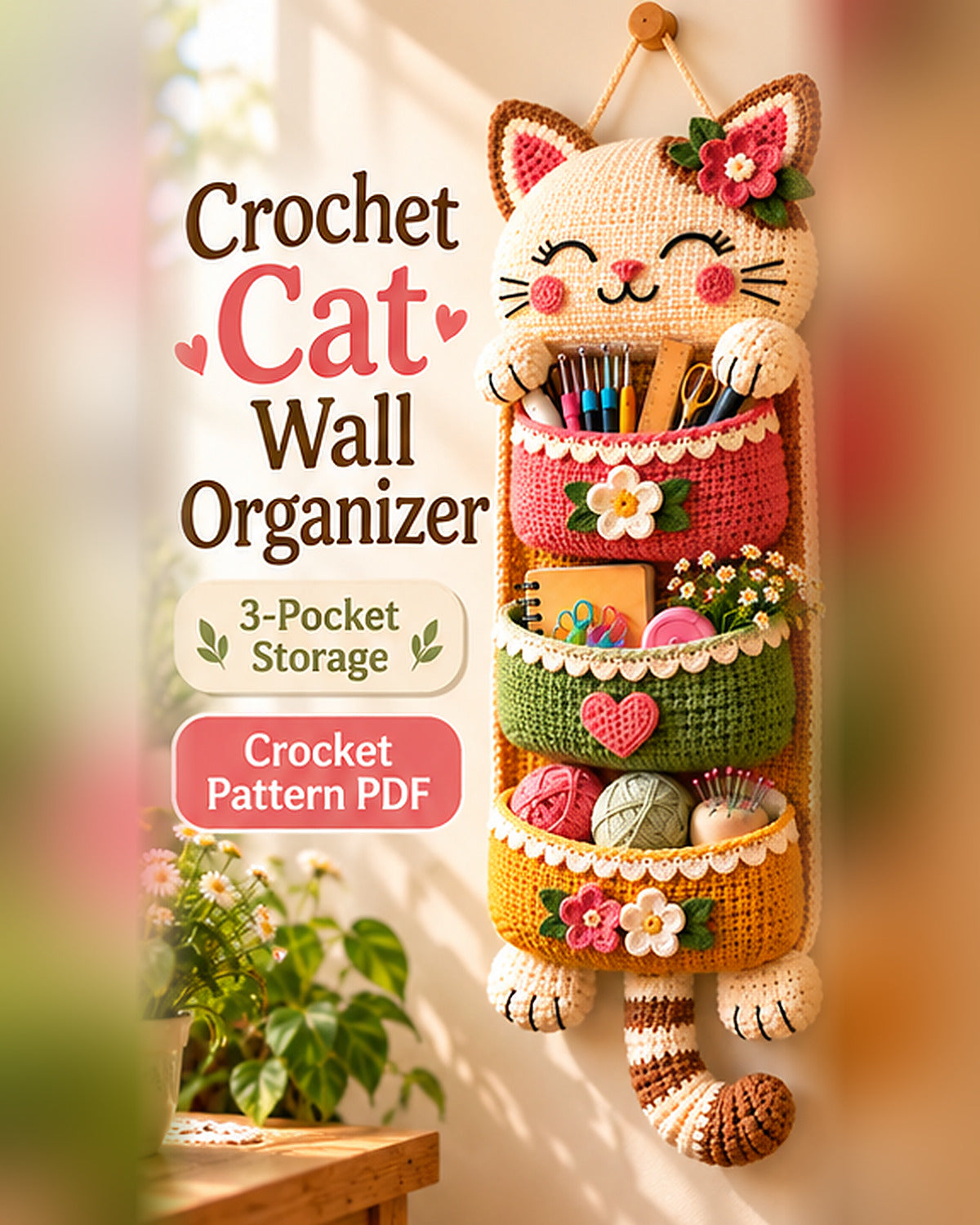 Crochet Cat Wall Organizer Pattern PDF – 3-Pocket Hanging Storage