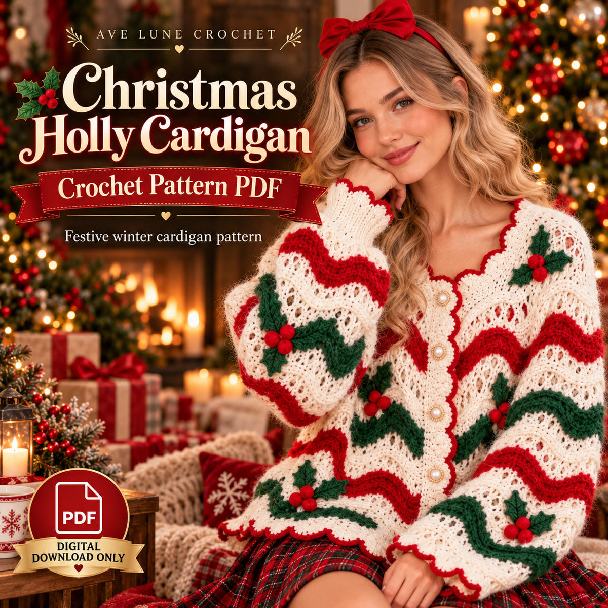 Christmas Holly Cardigan Crochet Pattern PDF – Festive Holiday Sweater for Adults