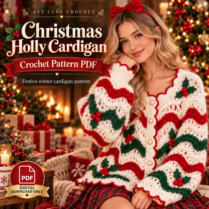 Christmas Holly Cardigan Crochet Pattern PDF – Festive Holiday Sweater for Adults