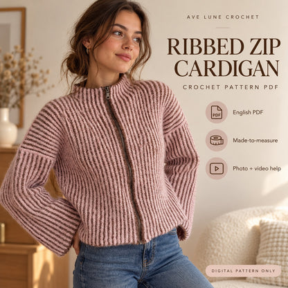 Ribbed Zip-Up Cardigan Crochet Pattern PDF + Video Tutorial | Made to Measure