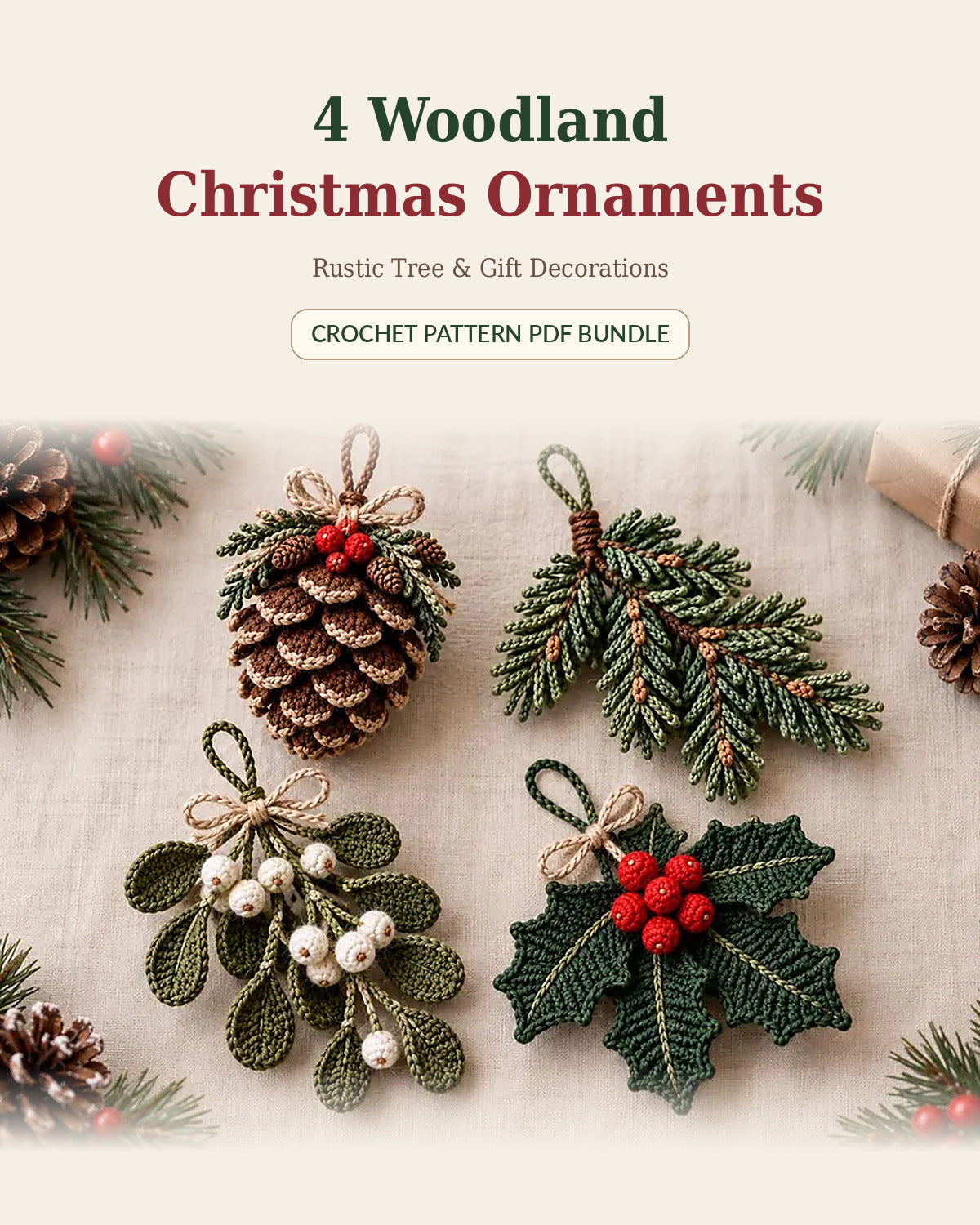 Christmas Crochet Ornament Pattern Bundle PDF – 4 Woodland Designs