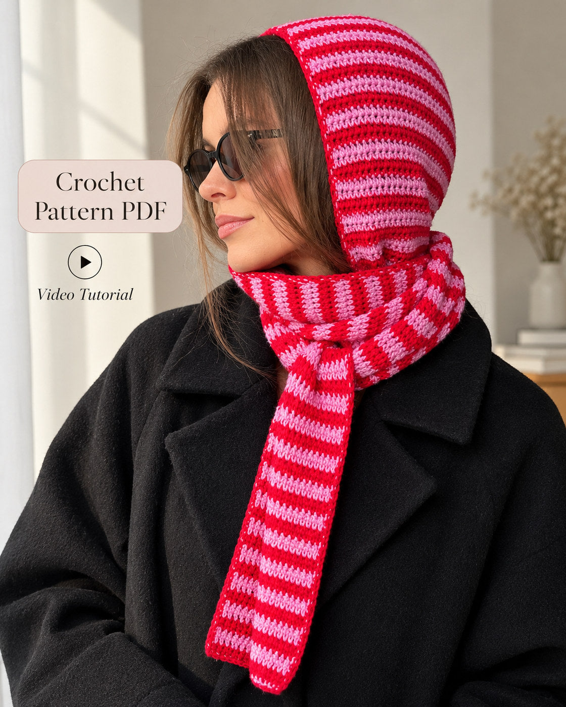 Crochet Hooded Scarf Pattern PDF + Video Tutorial – Striped Sophie Hood