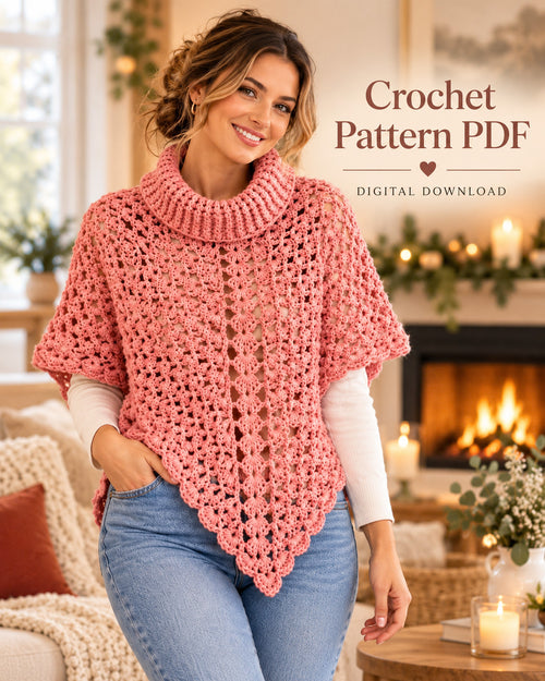Turtleneck Poncho Crochet Pattern PDF – Openwork Lace Poncho for Women