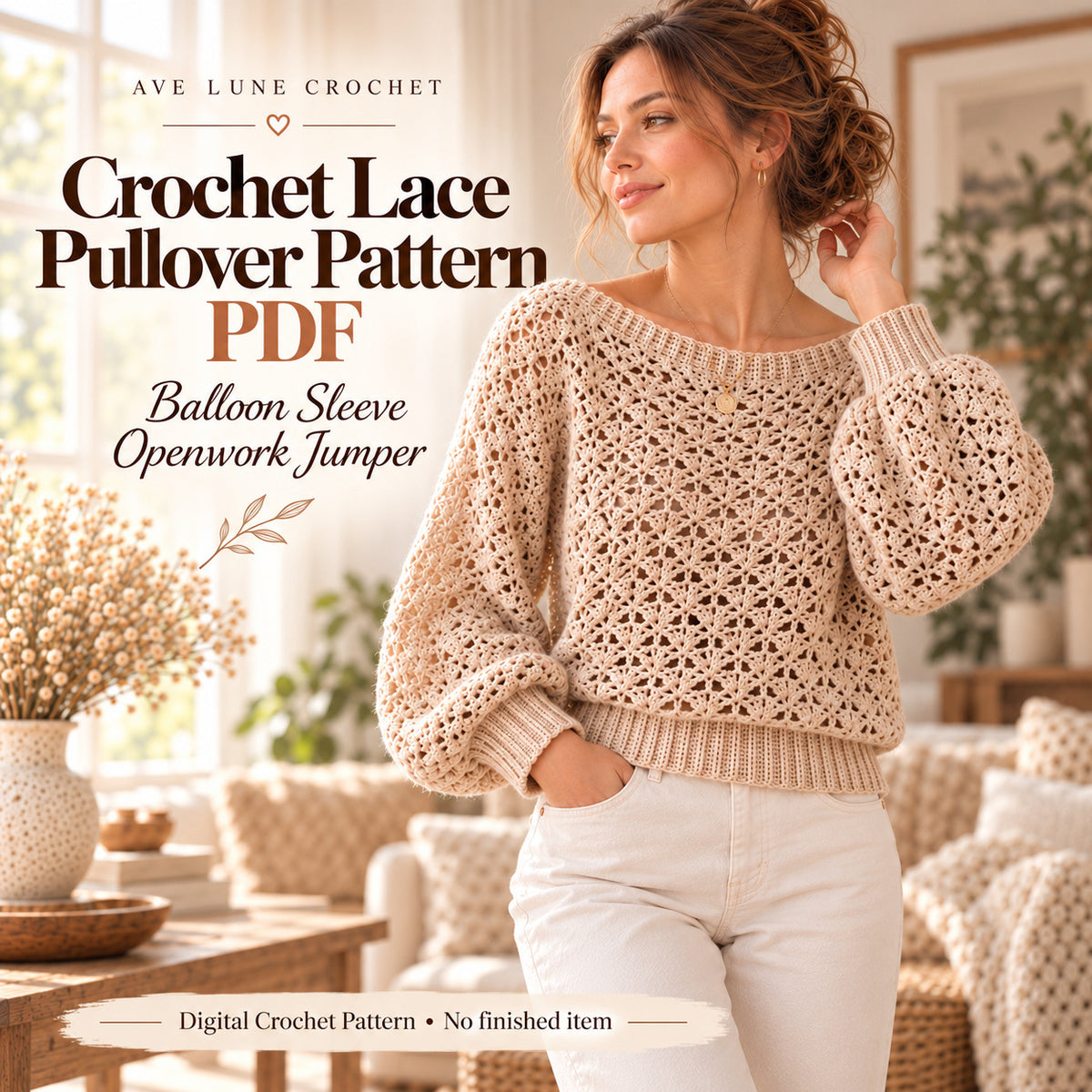 Crochet Lace Pullover Pattern PDF – Balloon Sleeves