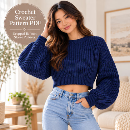 Navy Cloud Crochet Sweater Pattern PDF – Cropped Balloon Sleeve Pullover
