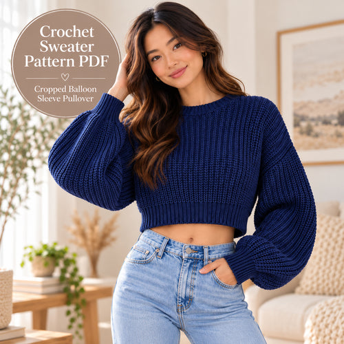 Navy Cloud Crochet Sweater Pattern PDF – Cropped Balloon Sleeve Pullover