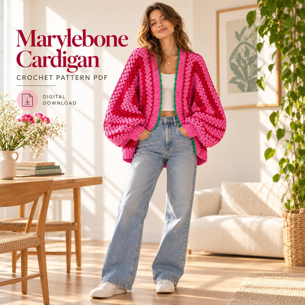 Marylebone Crochet Cardigan Pattern PDF – Pink Granny Style Sweater