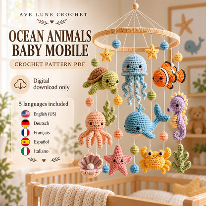 Ocean Animals Baby Mobile Crochet Pattern PDF – Amigurumi Sea Animals & Nursery Decor