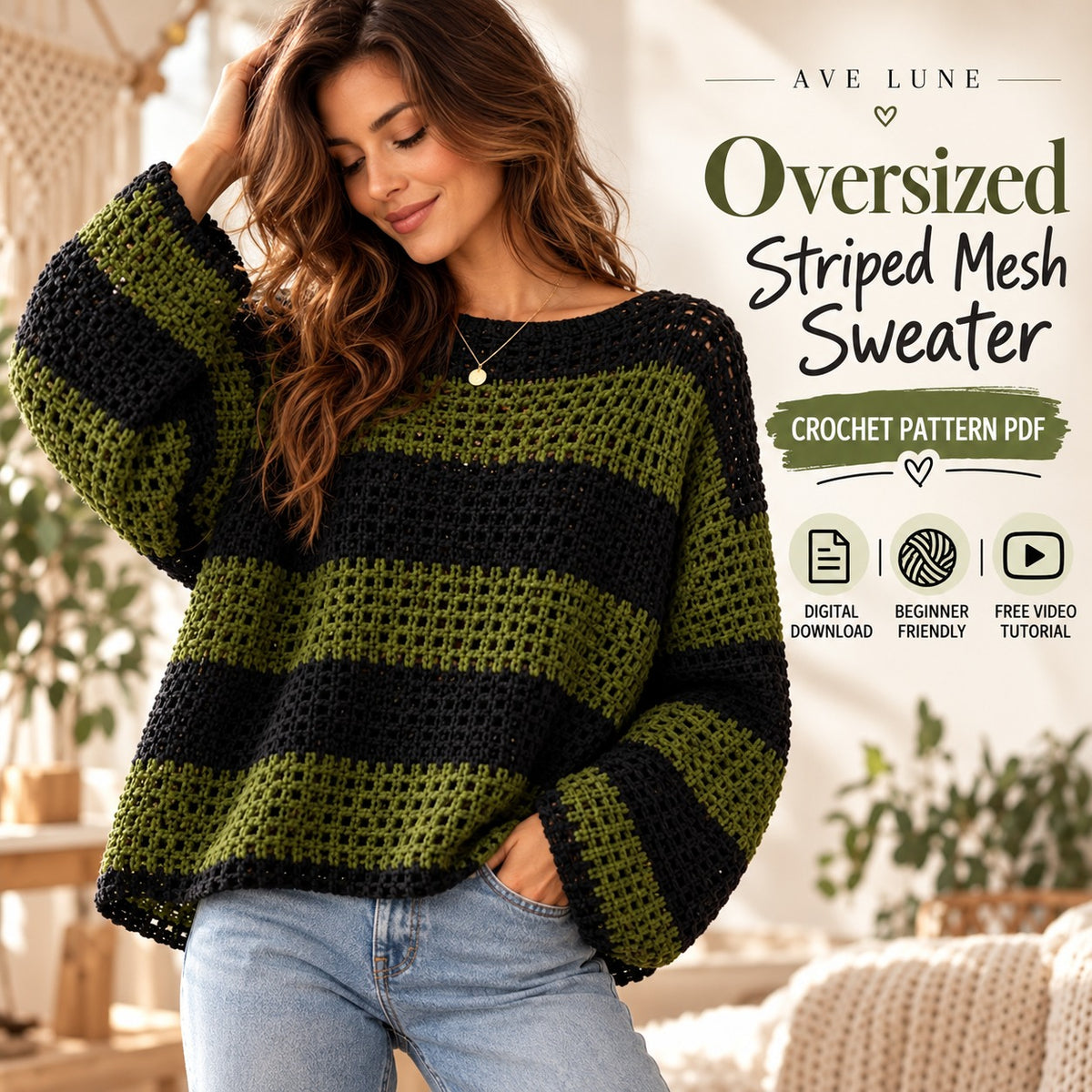 Oversized Striped Mesh Sweater Crochet Pattern PDF – Beginner Friendly Pullover