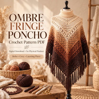 Crochet Ombre Fringe Poncho Pattern PDF – Boho Granny Stripe Wrap