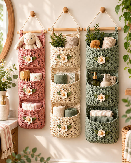 Crochet Wall Organizer Pattern PDF – 3 Sizes, Floral Hanging Storage