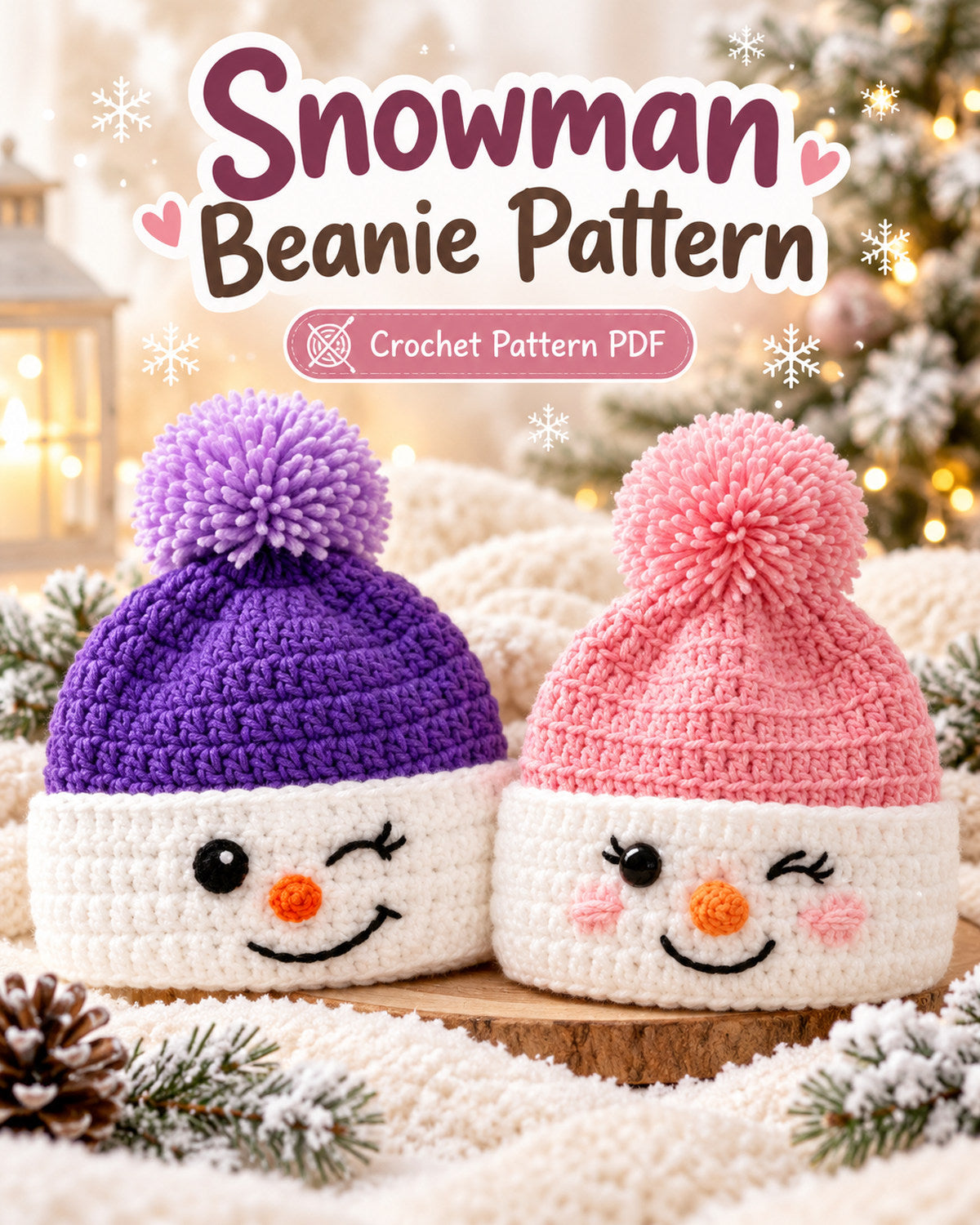 Snowman Crochet Beanie Pattern PDF – Purple & Pink Winter Hat