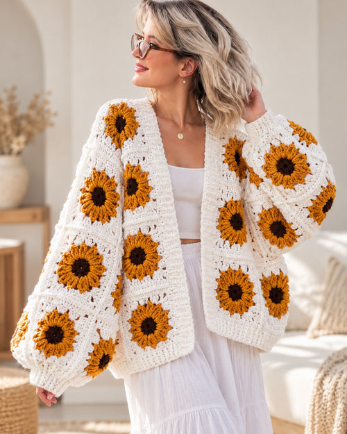 Sunflower Granny Square Cardigan Crochet Pattern PDF – Oversized Floral Cardigan