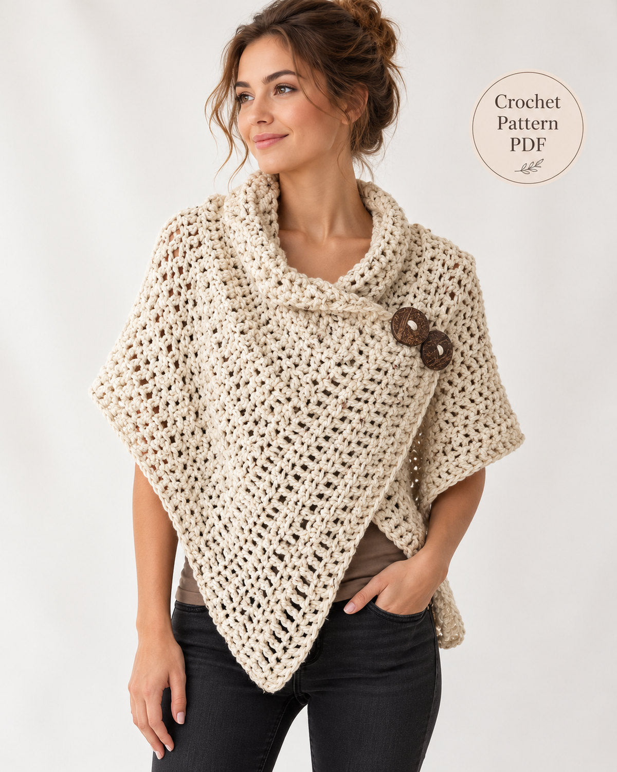 AZALI Crochet Wrap Pattern PDF – Asymmetrical Button Poncho