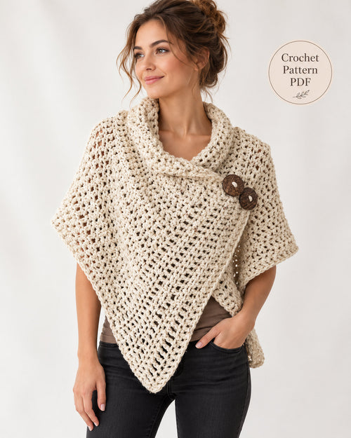AZALI Crochet Wrap Pattern PDF – Asymmetrical Button Poncho