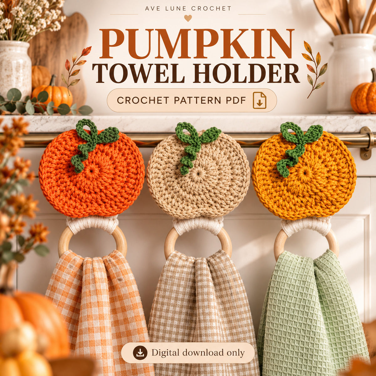 Pumpkin Towel Holder Crochet Pattern PDF – Fall Kitchen Decor