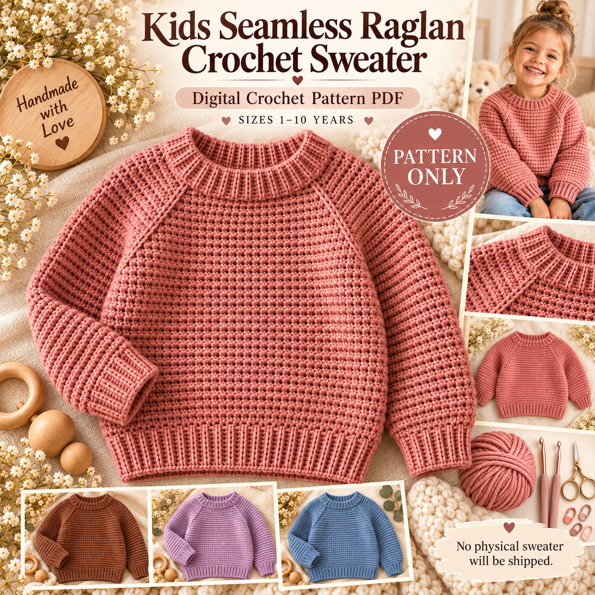 Kids Seamless Raglan Crochet Sweater Pattern PDF, Top Down Children’s Pullover, Sizes 1–10 Years