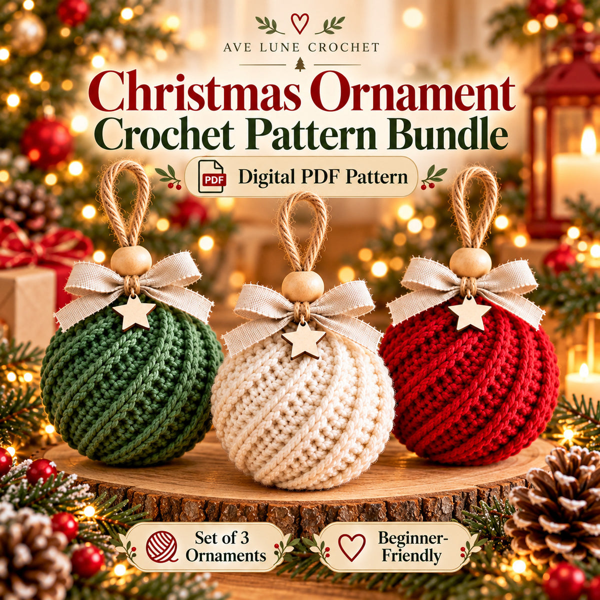 Christmas Ornament Crochet Pattern Bundle PDF, 3 Crochet Bauble Patterns, Beginner Holiday Decor, Digital Download