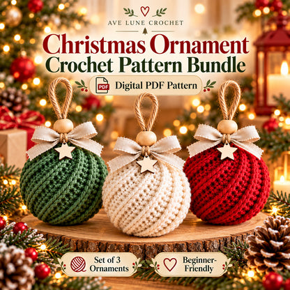 Christmas Ornament Crochet Pattern Bundle PDF, 3 Crochet Bauble Patterns, Beginner Holiday Decor, Digital Download