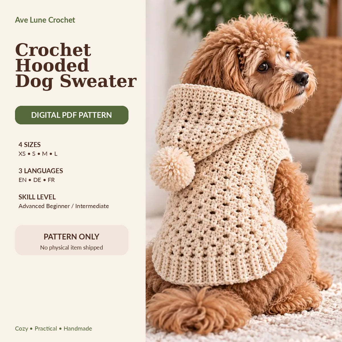 Crochet Hooded Dog Sweater Pattern PDF, Dog Hoodie Crochet Pattern, Sizes XS–L, English German French