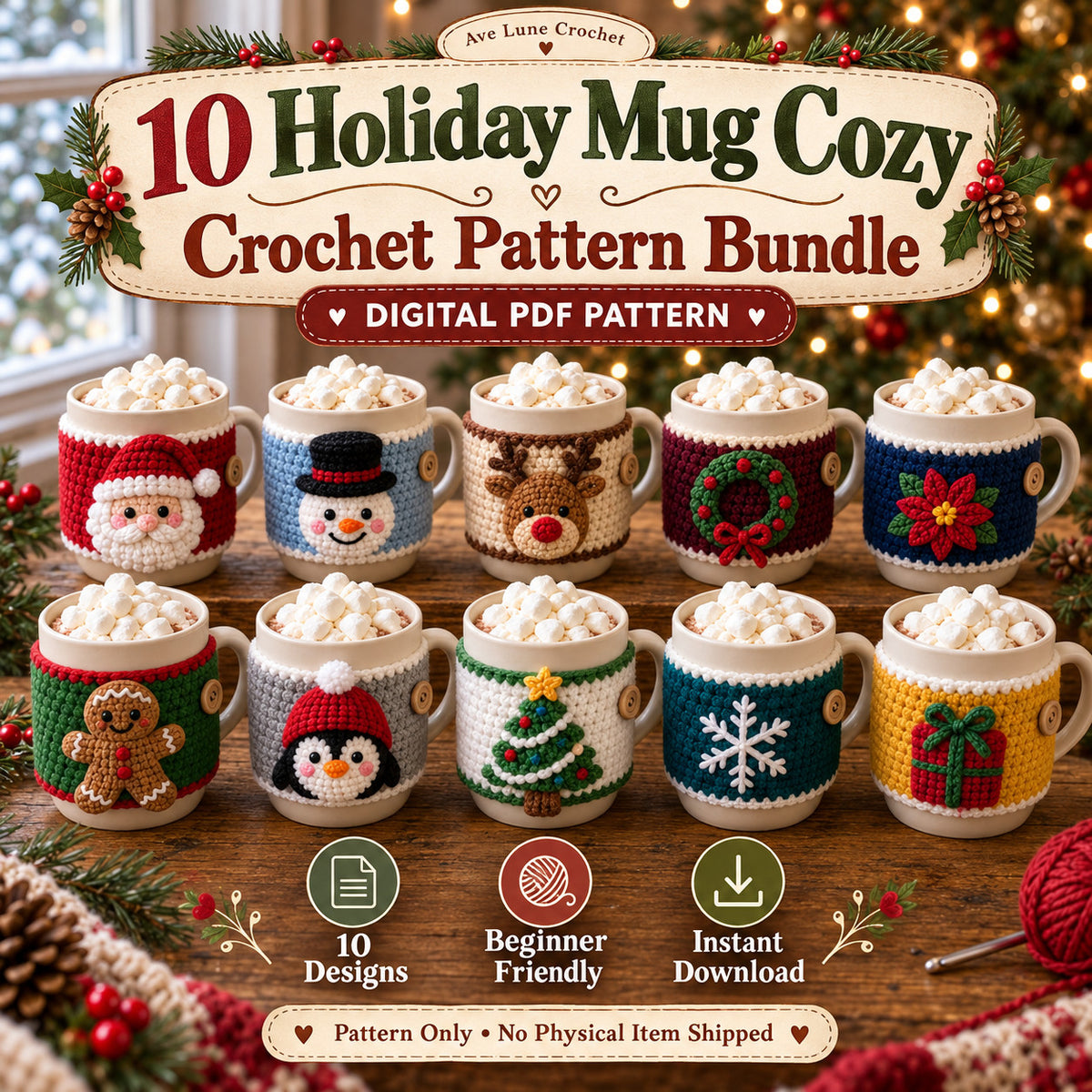 10 Christmas Mug Cozy Crochet Patterns PDF Bundle, Beginner Holiday Cup Cozy Patterns, English Digital Download