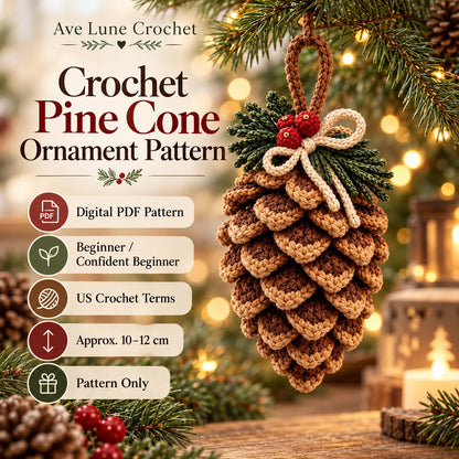 Crochet Pine Cone Ornament Pattern PDF, Christmas Pinecone Crochet Decor, Beginner Woodland Ornament Digital Download
