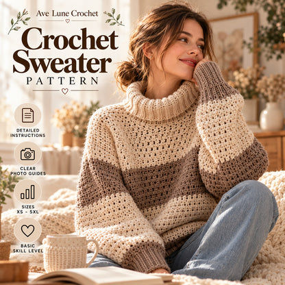 Striped Turtleneck Crochet Sweater Pattern PDF – XS–5XL