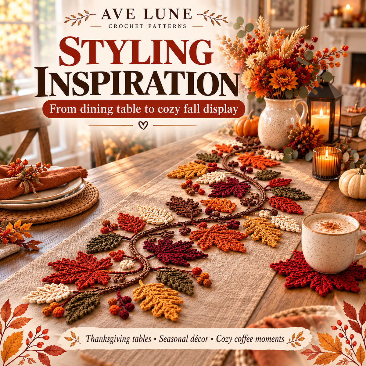 Autumn Leaf Table Runner & Coaster Crochet Pattern PDF – Fall Thanksgiving Table Decor