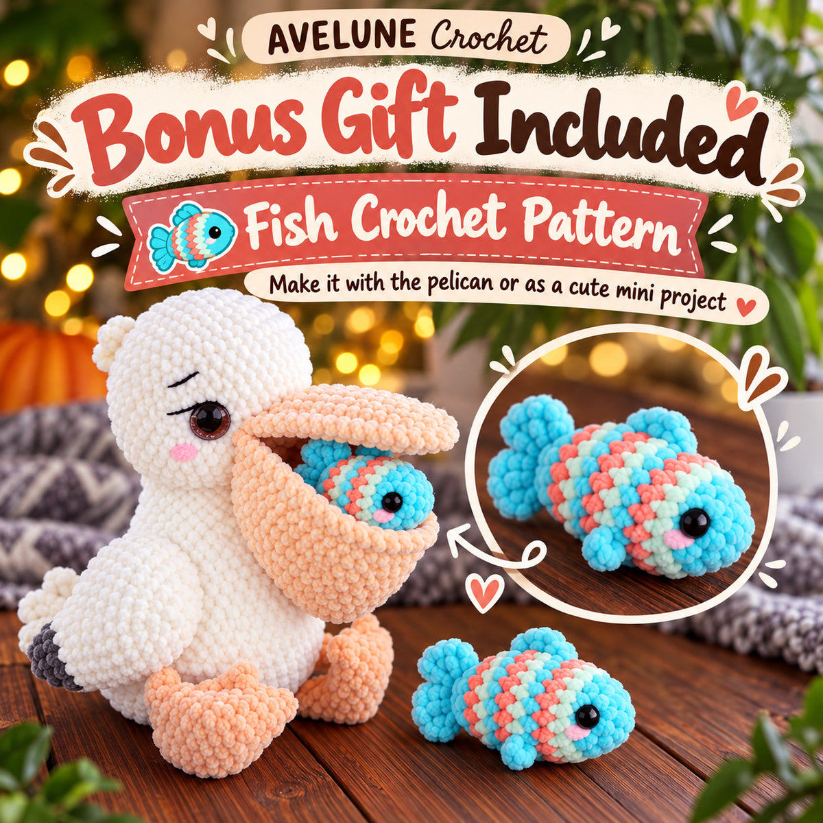 Pelican Crochet Pattern PDF with FREE Fish Pattern | Cute Plush Bird Amigurumi
