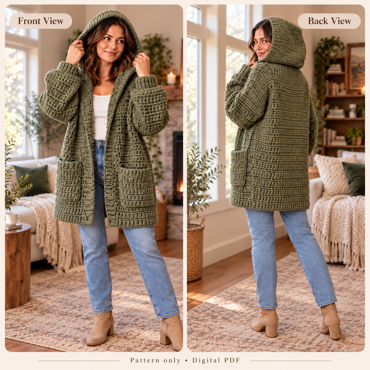 Chunky Hooded Cardigan Crochet Pattern PDF – Oversized Women’s Pocket Sweater