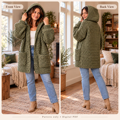 Chunky Hooded Cardigan Crochet Pattern PDF – Oversized Women’s Pocket Sweater