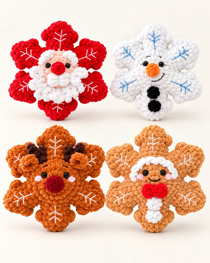 4-in-1 No-Sew Plush Christmas Snowflake Crochet Pattern PDF | Santa, Reindeer, Snowman & Gingerbread