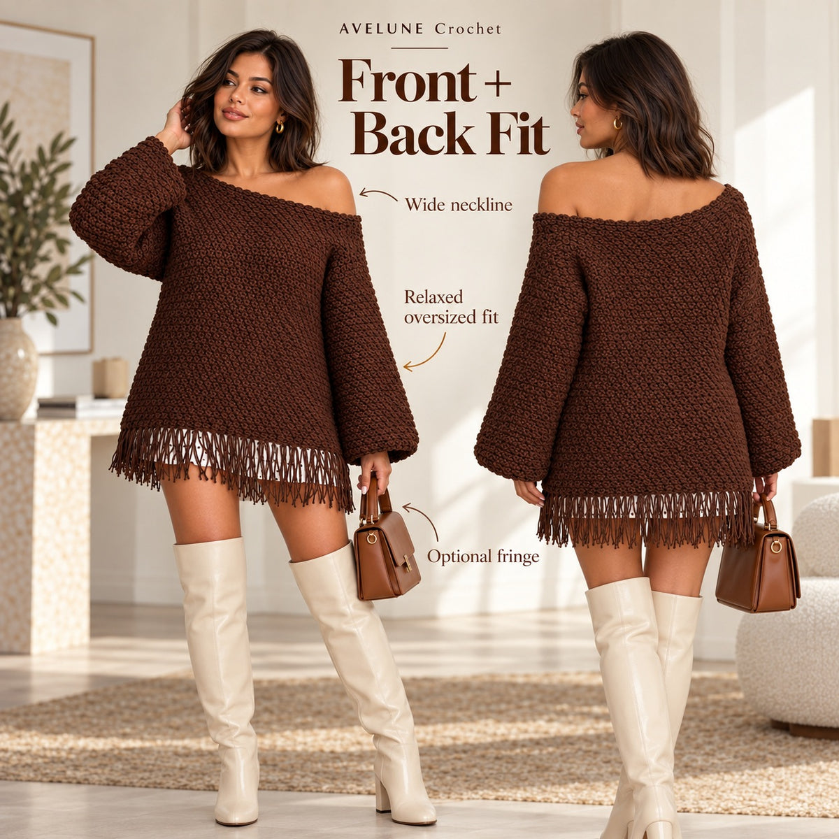 Coco Fringe Crochet Sweater Pattern PDF | Oversized Off-Shoulder Sweater XS–5XL